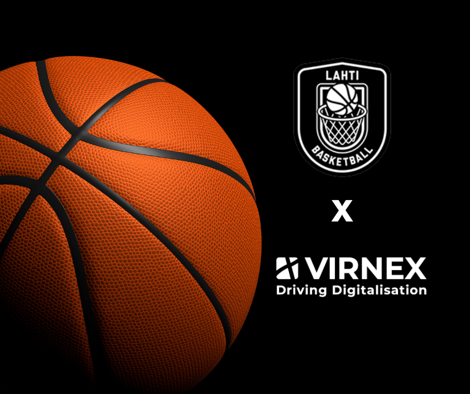 Kuva koripallosta ja Virnexin ja Lahti Basketballin logot