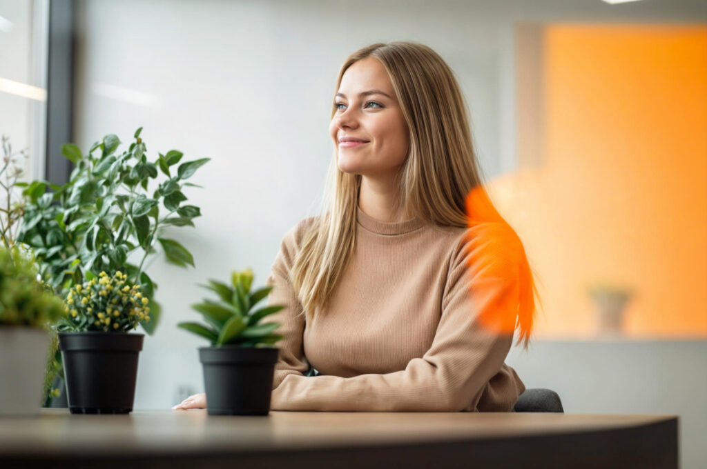 Henkilö istuu hymyillen pöydän ääressä ja katsoo samalla ikkunasta ulos.